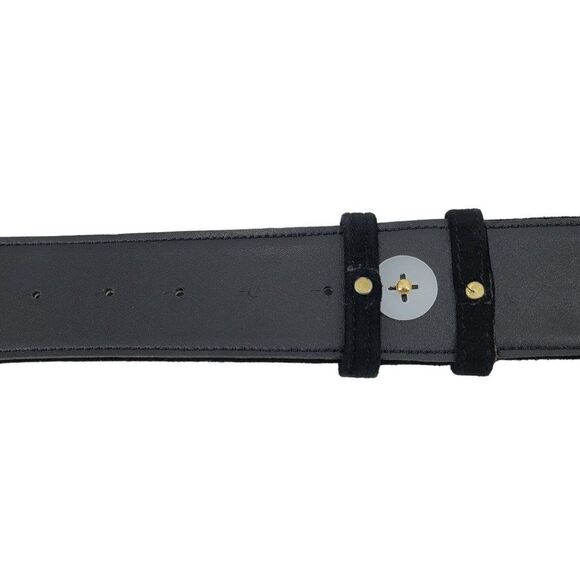 Vintage 80's Wide V Belt Black Suede Ornate Gold Etched Hook Buckle Art to Wear - Picture 7 of 8